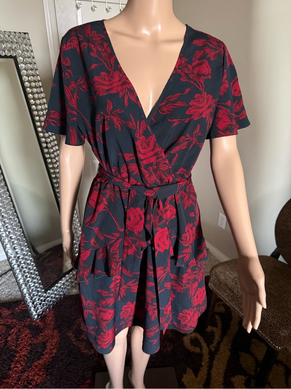 Rue21 Black Wrap Dress with Red Floral Print